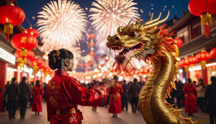 赤と金の花火が空を彩る伝統的な旧正月祭り 旧正月,中国,伝統の写真素材