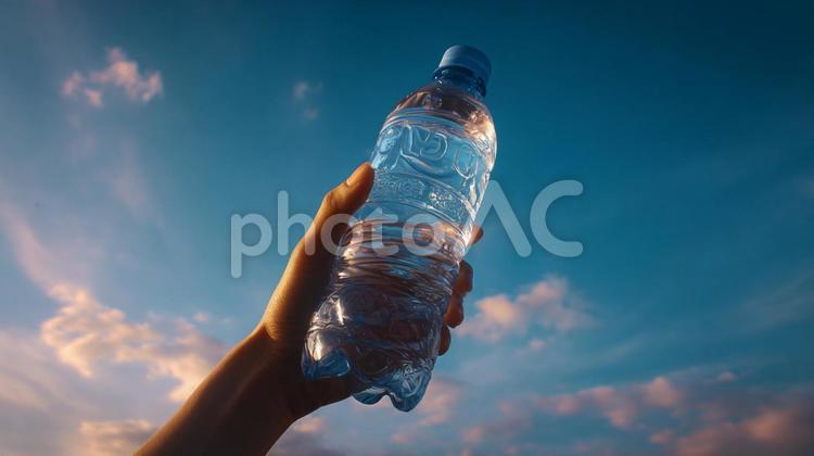 夏の屋外で活躍するペットボトルの水 ペットボトル,水,手の写真素材