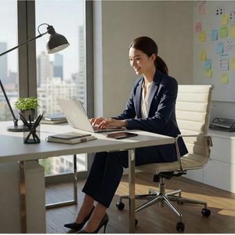 オフィスで働く笑顔のビジネスウーマンの写真