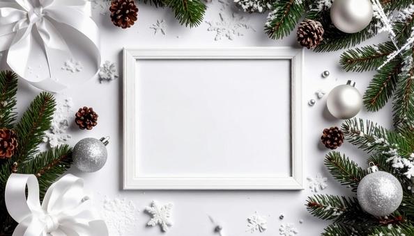 クリスマス　フレーム　白背景　雪　リボンの写真
