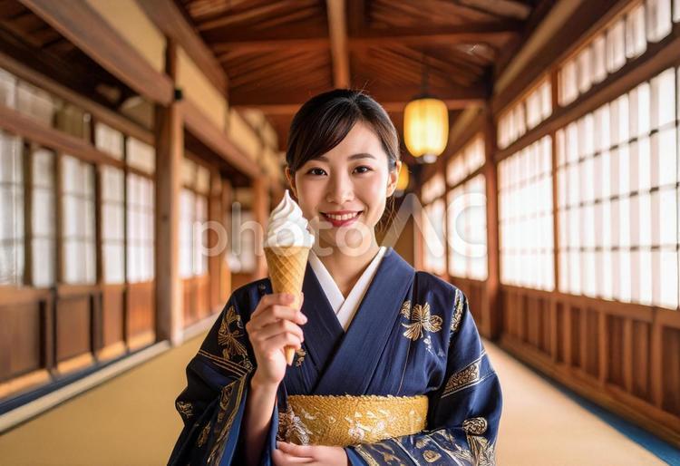ソフトクリームを持つ和服姿の若い女性 ソフトクリーム,持つ,若いの写真素材