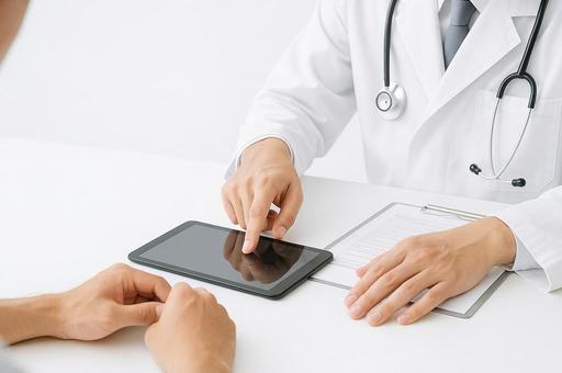タブレットを見ながら説明する医師 タブレットを見ながら説明する医師の写真