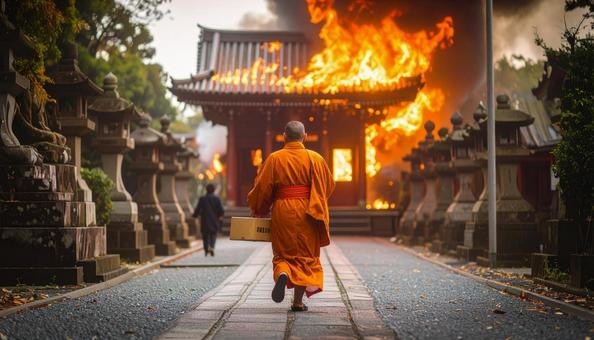 焼け落ちる寺から秘仏を抱え出てくる僧侶 焼け落ちる寺から秘仏を抱え出てくる僧侶の写真