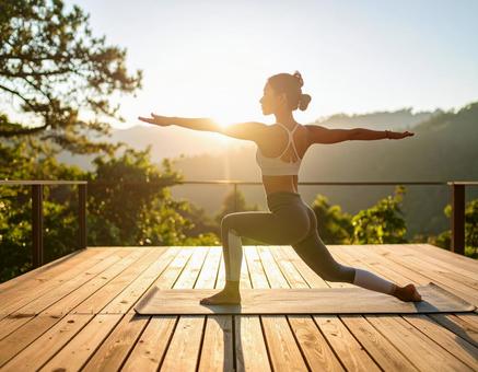 自宅でヨガをする女性の写真