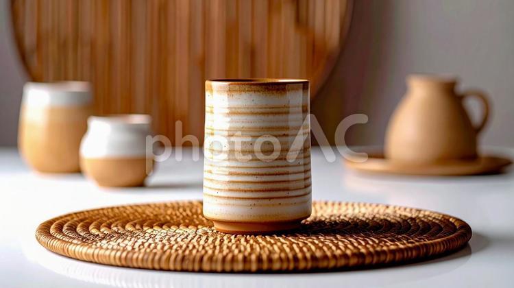 しましまの縦長の湯呑み02 湯呑み,茶色,陶器の写真素材
