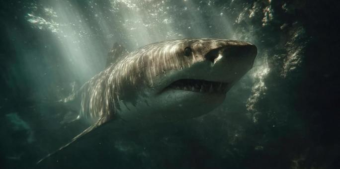海底に潜む、ブルシャークの威嚇的な姿 海底に潜む、ブルシャークの威嚇的な姿の写真