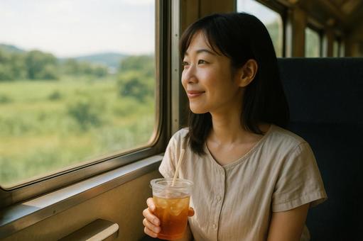 車窓から景色を見る女性の写真
