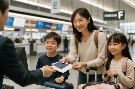 チェックインカウンターで手続きをする親子の写真