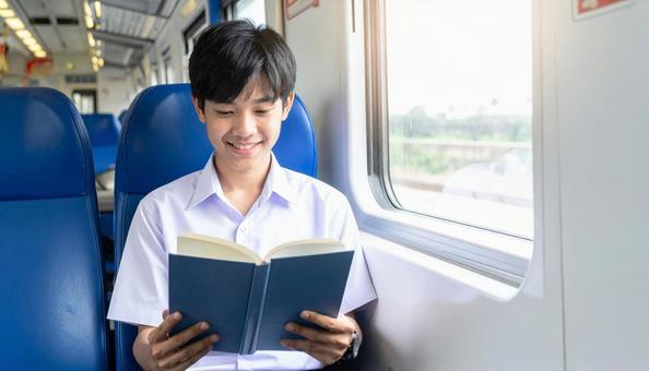 電車内で読書する男子学生 電車内で読書する男子学生の写真
