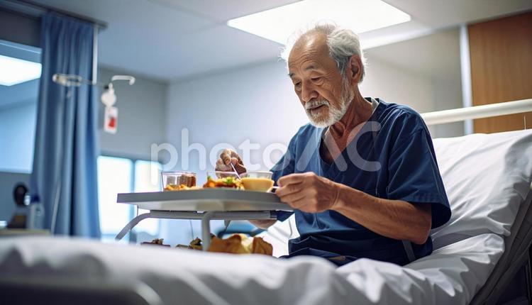 端座位で食事をするシニア男性の患者 患者,端座位,病人食の写真素材