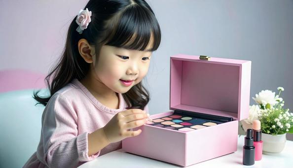子供用のメイクボックスとメイクする女の子 子供用のメイクボックスとメイクする女の子の写真