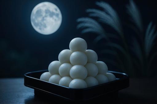月明かりに照らされた十五夜団子の写真