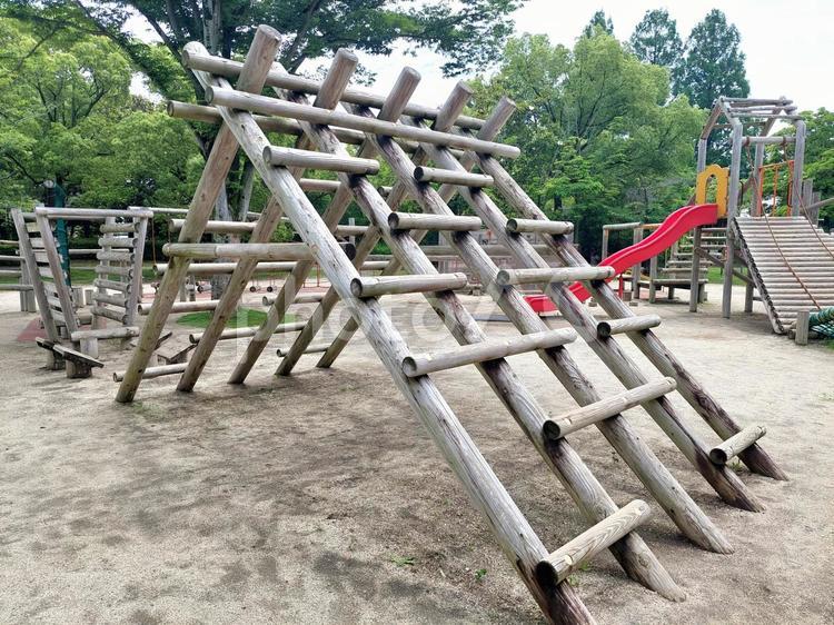 公園の木製フィールドアスレチック遊具 アスレチック遊具,遊具,複合遊具の写真素材