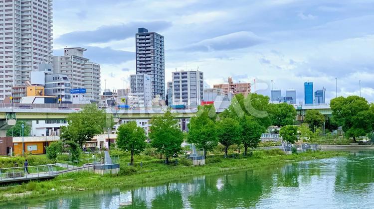 高速道路が横切る川沿いのビル群 ビル,ビル群,高層の写真素材