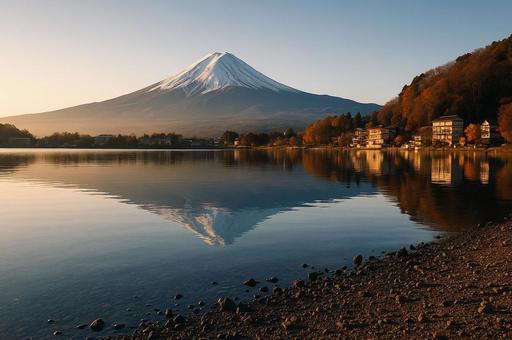富士山と湖畔の秋景色 富士山と湖畔の秋景色の写真