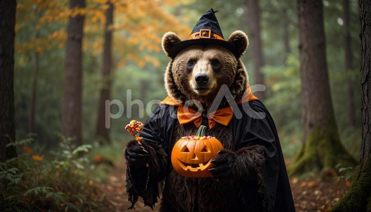 ハロウィン衣装のクマと森 クマ,ハロウィン,衣装の写真素材
