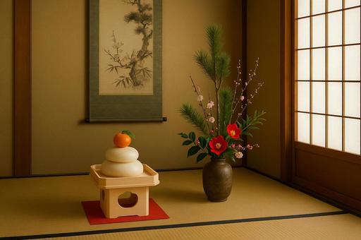 鏡餅と和室の床の間の写真