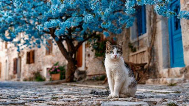 青い花と町中の猫 青い花と町中の猫の写真