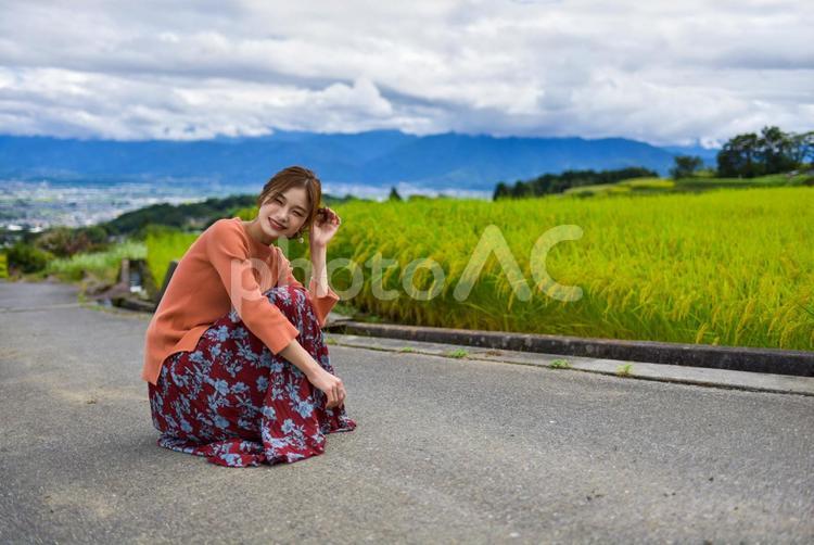 秋の棚田と女性 棚田,稲刈り,稲穂の写真素材