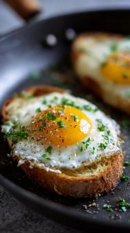 Fried egg toast cooked in a frying pan, fried egg, toast, egg, JPG