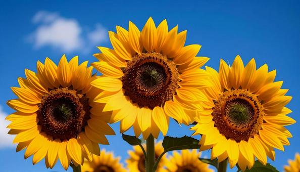 青空のもとのひまわりたちの写真