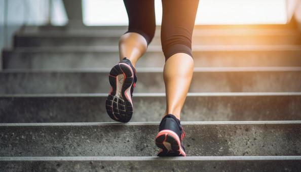 階段を駆け上がる日本人の女性ランナー 階段を駆け上がる日本人の女性ランナーの写真