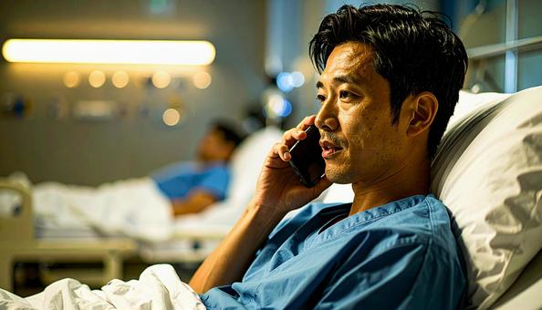 病室のベッドから携帯で話をする男性患者 病室のベッドから携帯で話をする男性患者の写真