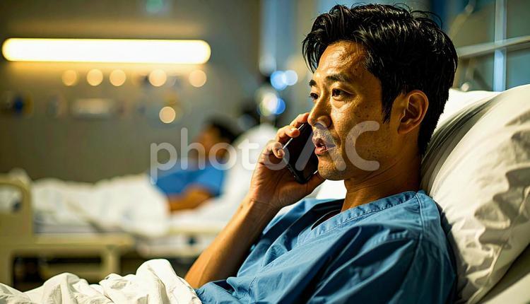 病室のベッドから携帯で話をする男性患者 入院,患者,男性の写真素材