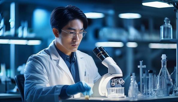 Male researcher working with a microscope in a laboratory, researcher, the researcher, male, JPG