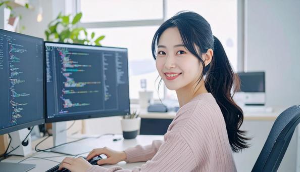 プログラミングをする女性エンジニア プログラミングをする女性エンジニアの写真