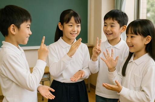 手話で会話する小学生たちの写真