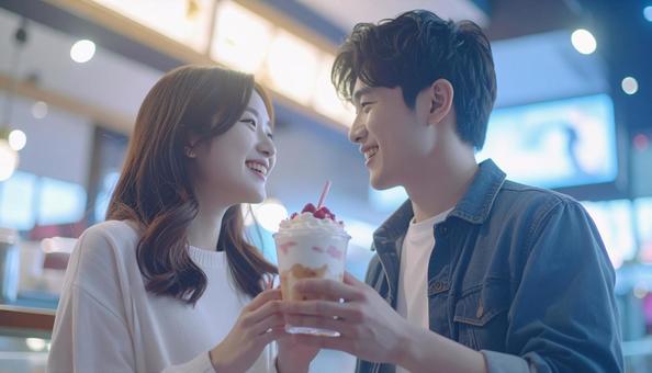 カフェでパフェを楽しむカップル カフェでパフェを楽しむカップルの写真