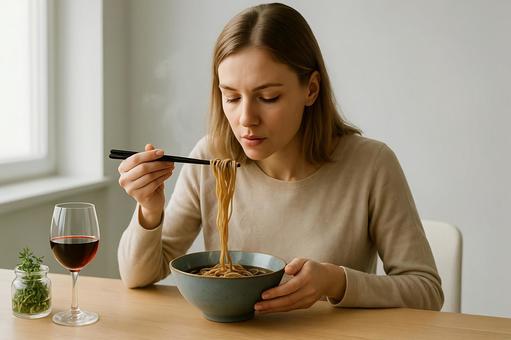 自然光に湯気映える日本蕎麦と外国人女性 自然光に湯気映える日本蕎麦と外国人女性の写真