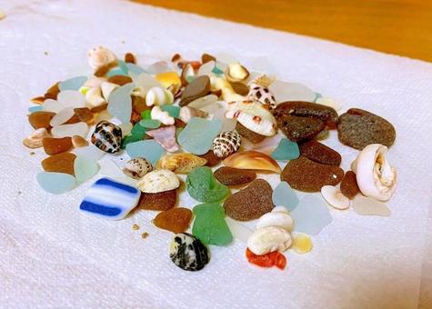 海での収穫品 シーグラス,陶器,貝の写真素材