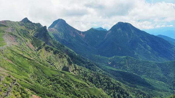 硫黄岳から見る阿弥陀岳と赤岳 硫黄岳から見る阿弥陀岳と赤岳の写真