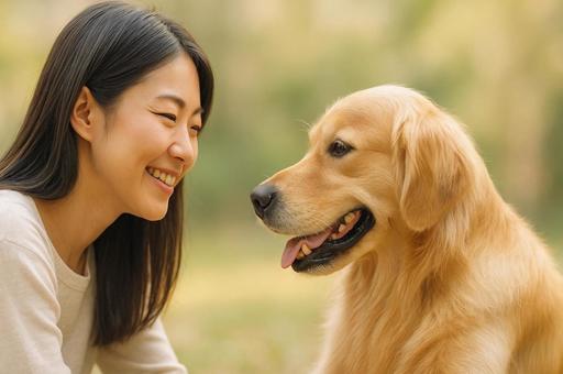 女性と犬 女性と犬の写真