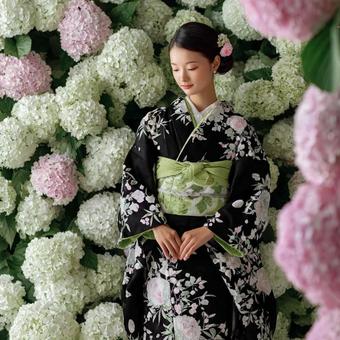 白紫陽花と浴衣美女 白紫陽花と浴衣美女の写真