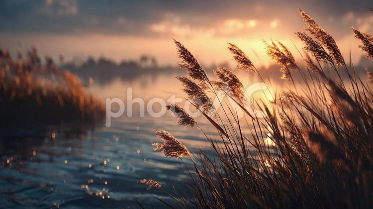 夕焼けに染まる癒やしの風景 夕焼け,夕暮れ,水辺の写真素材