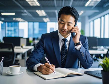 オフィスで電話しながらメモを取る営業職 オフィスで電話しながらメモを取る営業職の写真