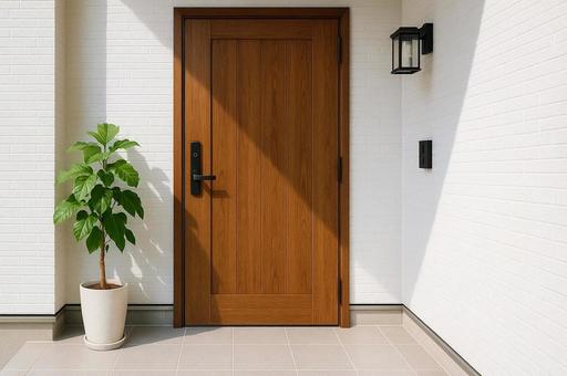 木製ドアの明るい玄関先・エントランスの写真