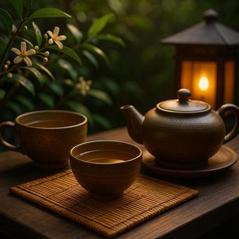 夕暮れの茶と急須と灯り 夕暮れの茶と急須と灯りの写真