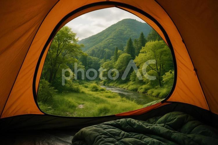 テント内から見る自然の風景 キャンプ,テント,自然の写真素材