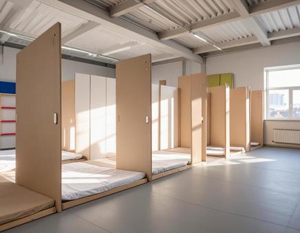 避難所で間仕切りされた個別空間の写真