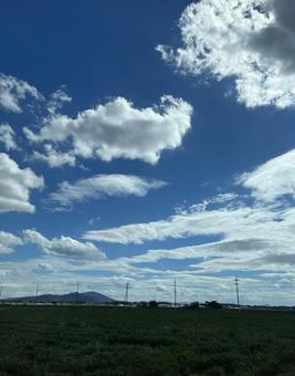 Summer sky with clouds and green fields, blue sky, cloud, the countryside, JPG