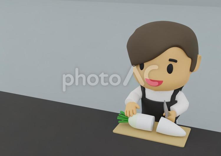 大根を切り料理するエプロンの男性 手料理,家庭料理,風景の写真素材