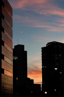 都会の夕焼けと月 都会の夕焼けと月の写真