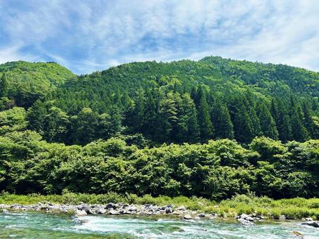 新緑と川の流れ 新緑と川の流れ 空,新緑,山の写真素材