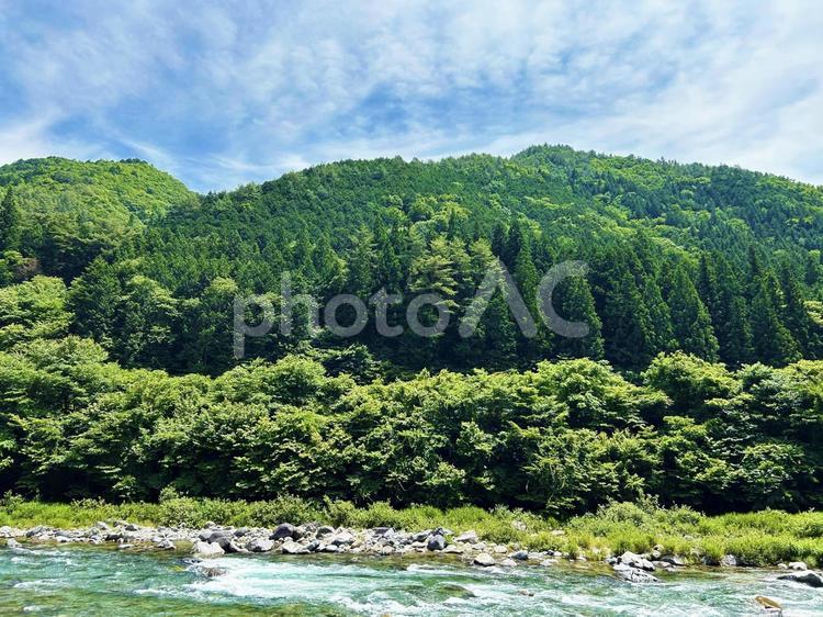新緑と川の流れ 空,新緑,山の写真素材