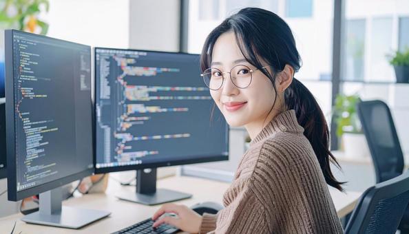 プログラミングをする女性エンジニア プログラミングをする女性エンジニアの写真