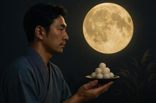 団子を手に持つ男性の横顔と満月 団子を手に持つ男性の横顔と満月の写真